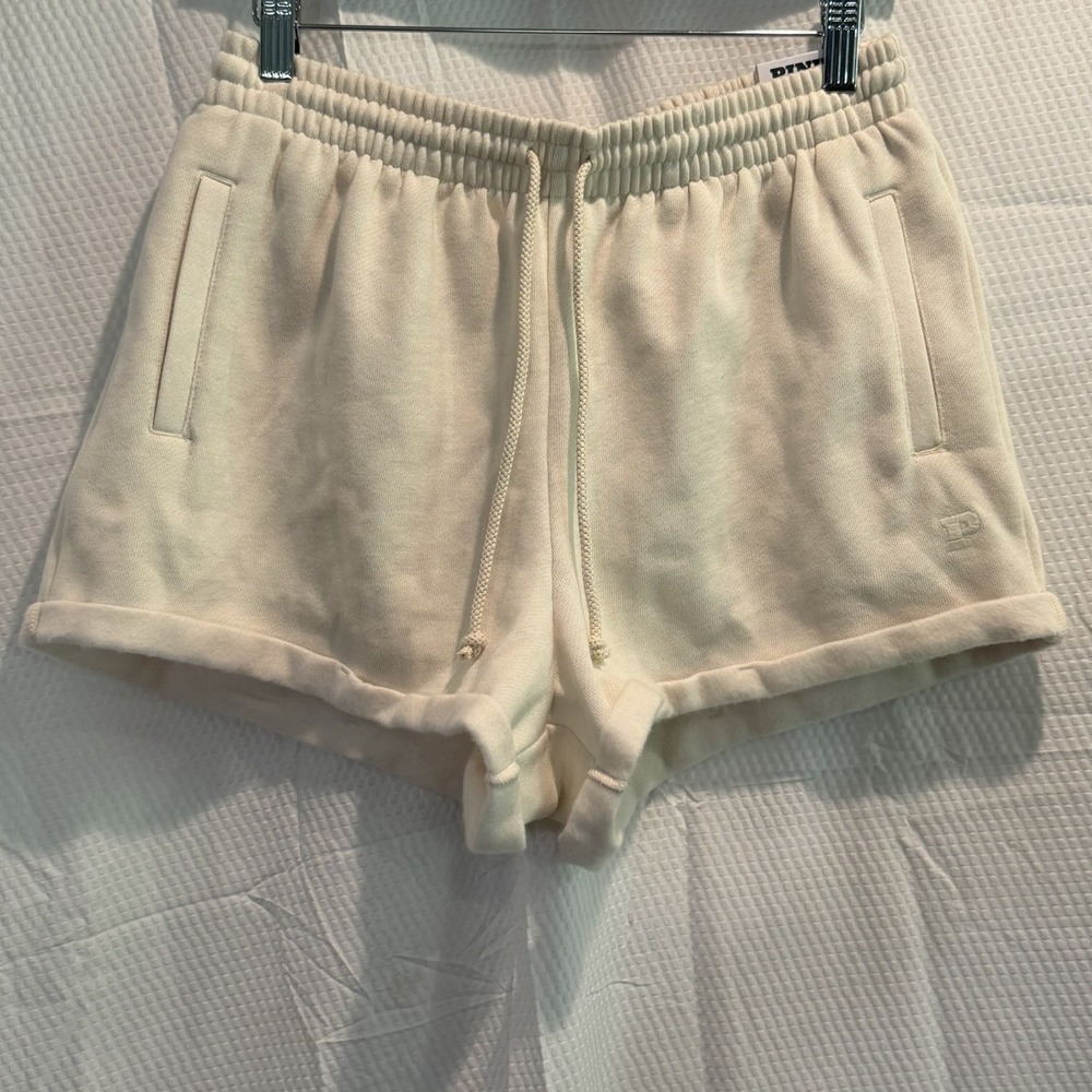 NWT Victoria's Secret Pink IVY Fleece Rolled Hem Shorts Medium Ivory White